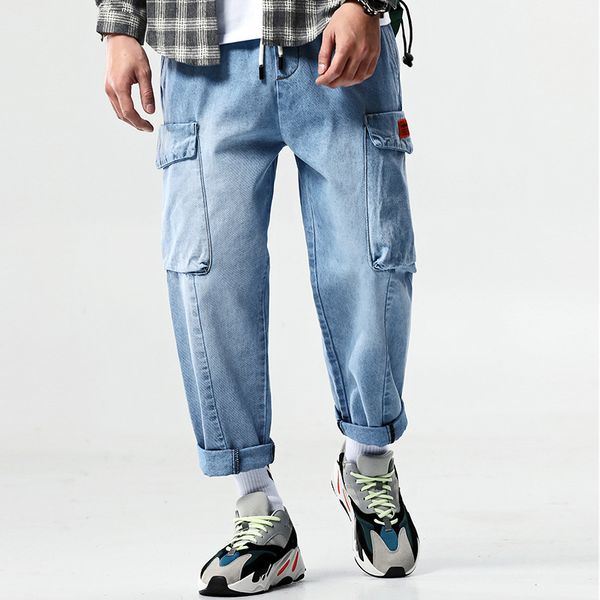 

idopy new men's elastic jeans fashion casual hip hop loose denim jeans patchwork package trousers harem pants denim joggers, Blue