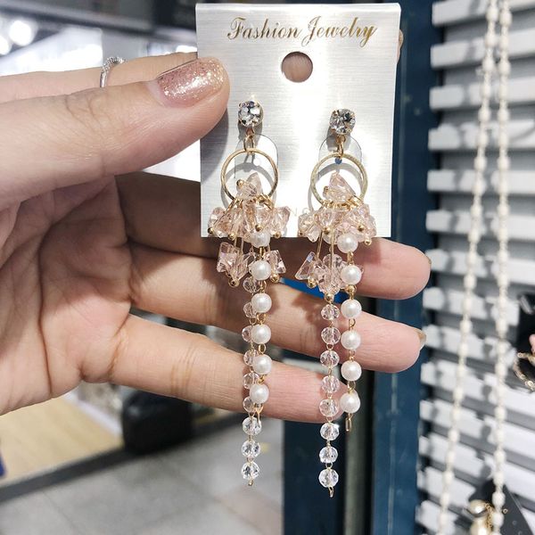 

кристалл длинные серьги падения элегантный треугольник из бисера кисточкой имитация pearl, Silver