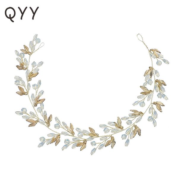 

fashion light blue opal leaf handmade headbands wedding hair ornaments bridal headpieces hair vine for women bride'tiaras, Golden;white