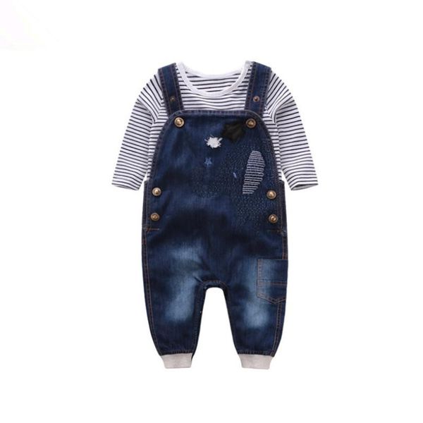 

baby boys clothes sets kid boys long sleeve jumpsuit jeans infant baby striped ropa+suspender pants girls denim overalls y217, White