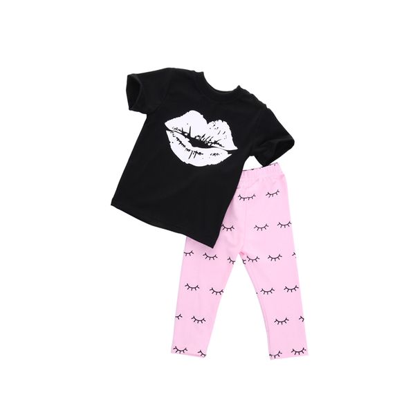 

2017 fashion casual 2pcs toddler baby girls short sleeve o-neck pullover cartoon black cotton shirt pink print pants 0-4y, White