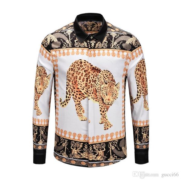 

new french high street luxury men's long-sleeved shirt fashion harajuku casual shirt men medusa black gold tiger leopard fancy slim shi, White;black