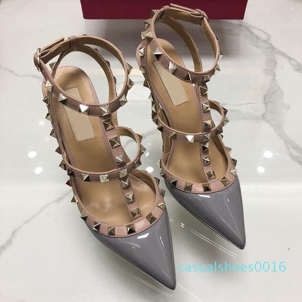 

2019 new nude women platform pumps ladies round toe rivets high heels shoes fashion buckle studded stiletto sandals 34-43 box, Black