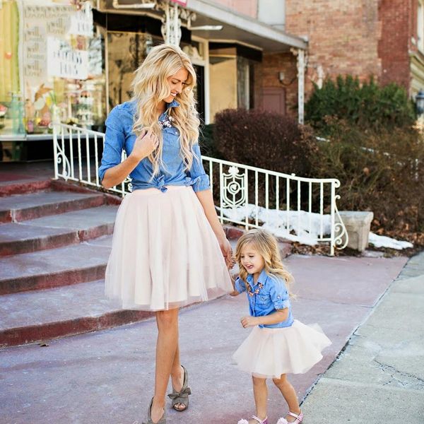

mother and daughter clothes autumn baby girls long sleeve denim shirts+skirt sets family matching outfits women elegant princess, Blue