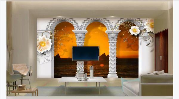 3D personalizado grande foto mural papel de parede Real flower flor de metal videira coluna romana arcos do sol Europeu 3D fundo mural