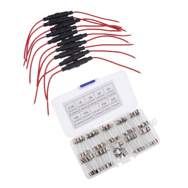 

72pcs 6x30mm 0.5-30a quick blow стекла предохранители kit + 16 awg провода agc инлайн держатель предохранителя винт типа