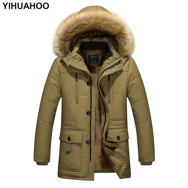 

yihuahoo winter jacket men 4xl 5xl windproof cotton thick warm parka coat casual fur hooded fleece male jacket windbreaker men, Tan;black