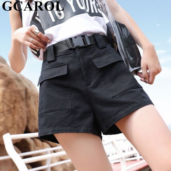 

gcarol 2019 new women boyfriend cargo shorts with belt 2 pockets elastic waist wide leg pants streetwear summer spring shorts, White;black
