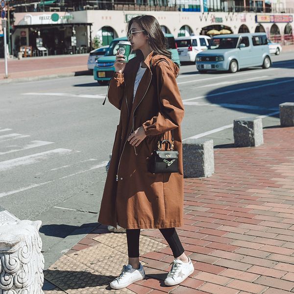 

women's trench coat 2019 spring and autumn windbreaker female long green coat loose wild drawstring ladies tooling trench, Tan;black