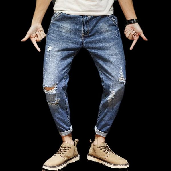 

men fashion jeans ripped jogger jeans men retro washing hole beggar pants ankle-length harem plus size 28-42, Blue
