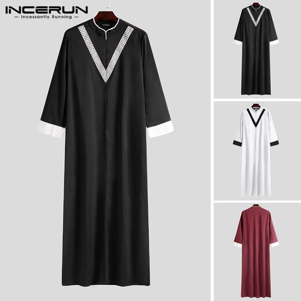 

men muslim kaftan robes long sleeve patchwork long robes casual loose jubba thobe stand collar casual clothes plus size, Red
