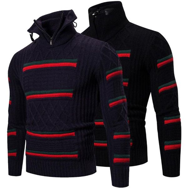 

2020 spring new european size men's pullover turtleneck sweater fashion slim fit color matching jacquard sweater, White;black