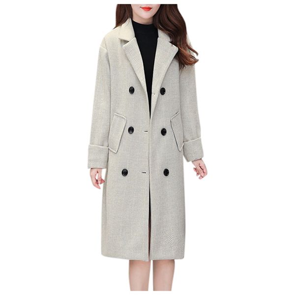 

winter long coat women work solid vintage winter office long sleeve button woolen jacket coat 2019#3, Black