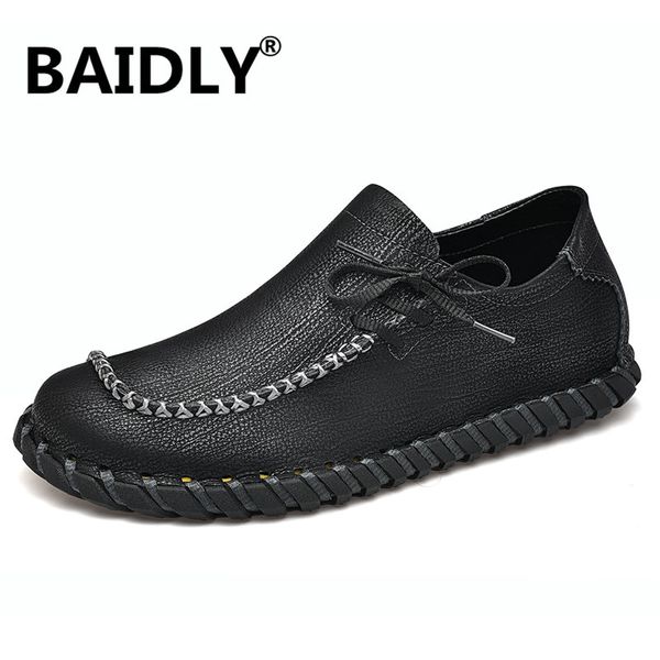 

men loafers genuine leather soft men's shoes breathable outdoor anti-skid casual lace up mens lazy footwear flat, Black