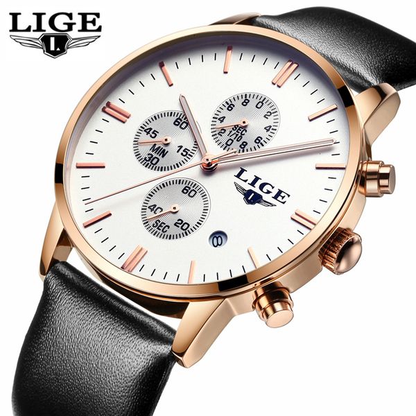 

2019 brand lige fashion waterproof sports watches men's casual quartz clock business chronograph watches relogio masculino, Slivery;brown