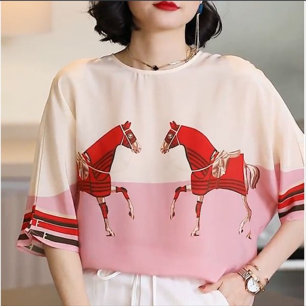 

printed t- female 2020 loose large size round collar short sleeve mulberry contrast color shirt silk and silk shirt, White