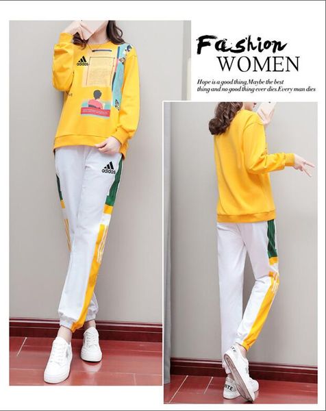 

2019addias women sports tracksuit gym outfit printed casual sports suit retro sportwear long sleeve zipper coat leggings sets, White