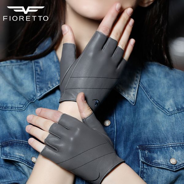 

fioretto womens driving gloves fingerless genuine leather gloves embroidery fashion grey half finger for women, Blue;gray