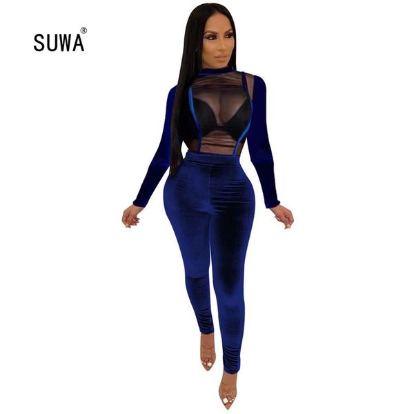 

women's jumpsuits & rompers 2021 women spring velvet mesh perspective o-neck full sleeve outfits club night party one piece 2 color, Black;white