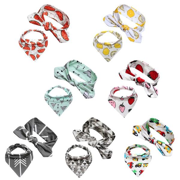

2 pcs/set baby newborn headband bibs set cartoon pattern hairbands boys girls kids children hair band saliva towel turban
