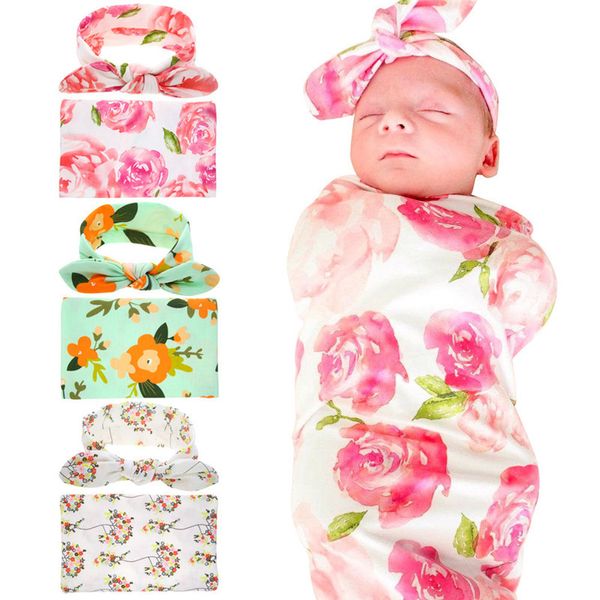 Yenidoğan Bebek Swaddles Battaniye sarar + Tavşan Kulakları Bantlar 2 adet Seti Swaddlling Fotoğraf Wrap Bezi Çiçek Çiçek Çocuk Yatak D3510