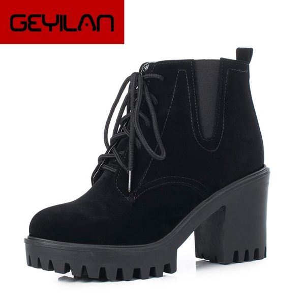 

large size 43 platform shoelace square high heel ankle boots woman shoes fashion shoes woman boots women, Black