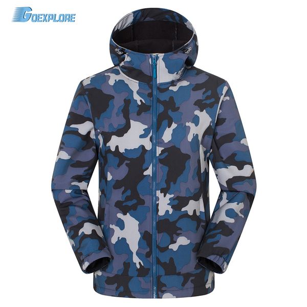 

goexplore soft shell jacket men outdoor tactical hunting waterproof windproof sports spring autumn camouflage jacket, Blue;black