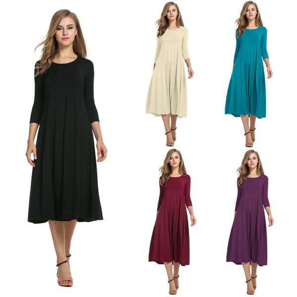 

women swing dress autumn fashion pleated crew neck loose casual 3/4 sleeve a-line and flare midi long sleeve dresses, Black;gray