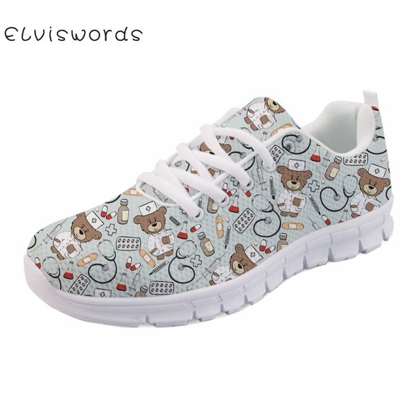 

elviswords 2018 pediatrics nurse prints comfortable lace-up flats shoes for women cute nursing bear sneakers air mesh shoes, Black