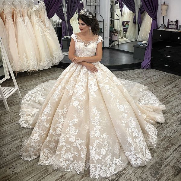 

luxury champagne lace ball gown wedding dresses sheer bateau neck beaded bridal gowns appliqued chapel train plus size vestidos de novia, White