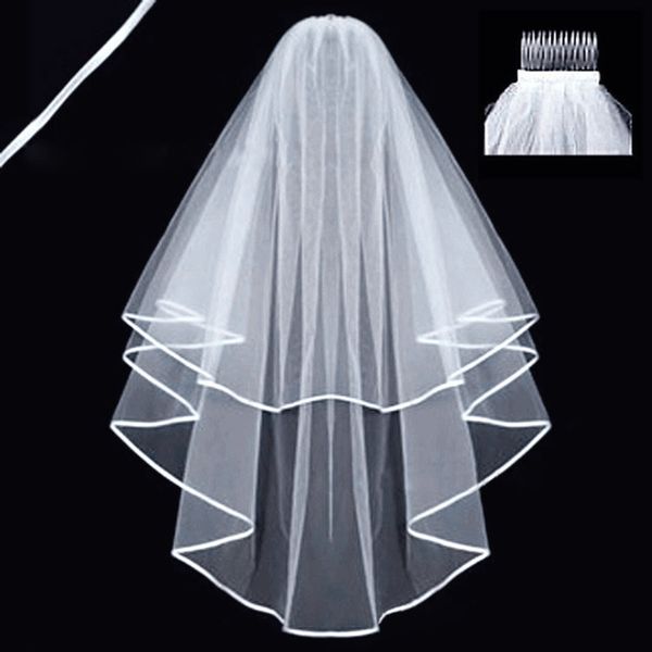 

simple and elegent wedding veil bridal tulle veils with comb and two layer lace ribbon edge white arrival accessories, Black