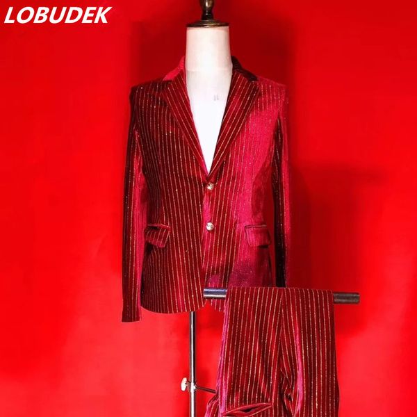 

бар ночной клуб мужчины singer хост красный полосатый бархатной tuxedo blazer этап костюм моды свадебные костюмы выпускного вечера костюм 2, White;black
