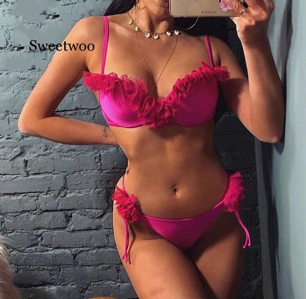 

women's swimwear sweetwoo 2021 bikini set two-pieces ruffles push up padded summer bandage swimsuit bathing suit beachwear, White;black