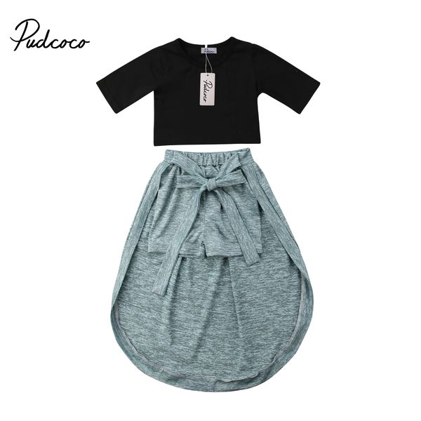 

2pcs toddler kids girls clothes exposed navel half sleeve black crop bow skirt princess formal party dress clothes, White
