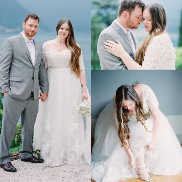 

2019 Plus Size Lace country Wedding Dresses With Half Sleeves A-Line Appliques V Neck Bridal Gowns Floor Length Tulle Wedding Dress
