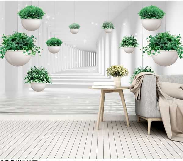 

2019 new 3d wallpaper mural small fresh hanging plant space living room tv background wall beautifully decorated wall paper