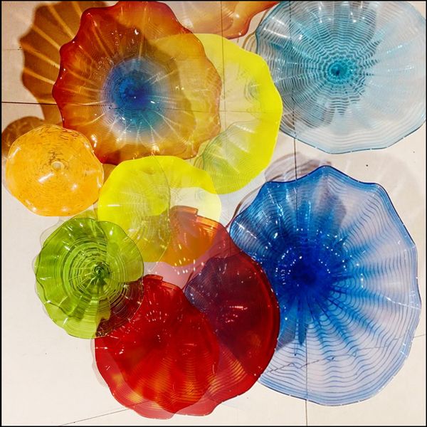 

100% hand blown murano glass hanging plates wall art dale chihuly style multi color glass art hand blown glass flower wall art plates