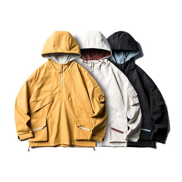 

city where the product 2020 spring solid color hooded semi-zipper pullover coat men's multi-pockets popular brand jacket, Black;brown