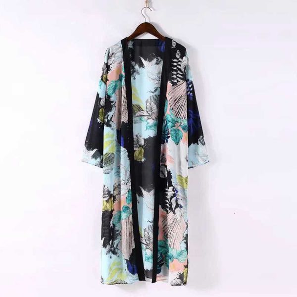

women boho floral printed long blouse loose shawl kimono cardigan boho beach cover up shirt outwear blusa mujer feminino#4, White
