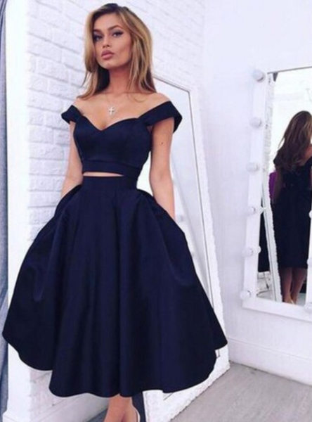 

homecoming dress two piece off-the-shoulder mid-calf dark navy sleeveless zipper-up taffeta prom dress, White;black