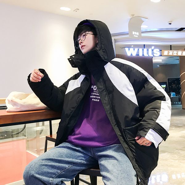 

men's down & parkas winter thick jacket warm fashion parka men hit color hooded coat man streetwear wild loose cotton male clothes, Black
