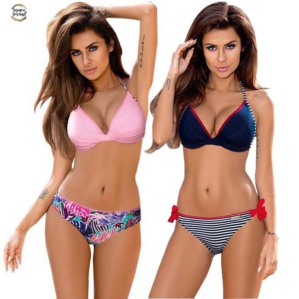 

2019 new bandage push up bikinis swimsuit women swimwear halter brazilian bikini set beach bathing suits s~2xl, White;black