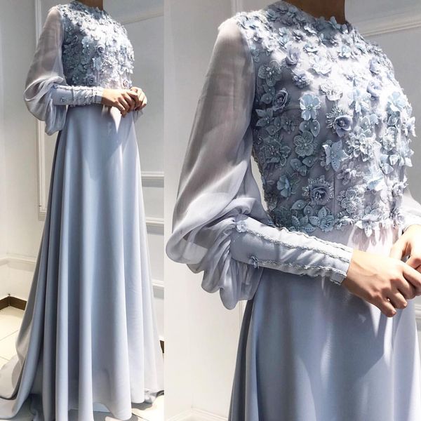 

Gorgeous Long Muslim Evening Dresses Dubai Arabic Long Dresses Evening Wear With Sleeve Flowers Zipper Back Bead robe de soiree