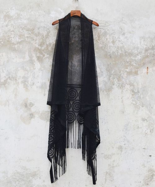 

2019 new men's clothing thin hollow fringed vest sleeveless vest personality long cardigan a waistcoat singer costumes, Black;white