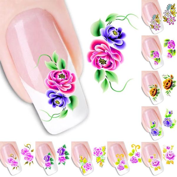 

women flower design nail stickers set mix floral geometric girl nail art water transfer decals flowers tattoos sliders manicure, Black