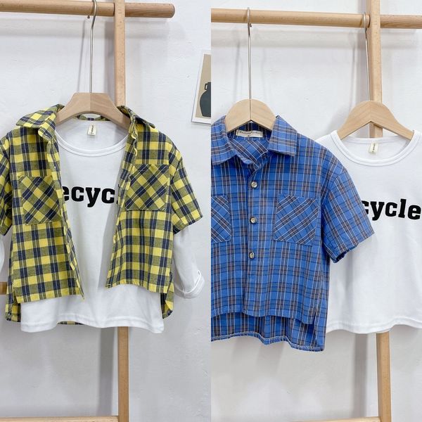 

autumn t- 2020 boys' fashionable children and children's personalized plaid cotton and linen short-sleeved shirt cotton t-shirt se, White;black