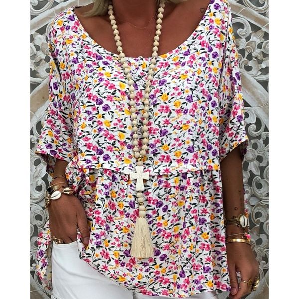

women vintage floral print plus size shirt bohemian short sleeve casual blouse holiday loose, White