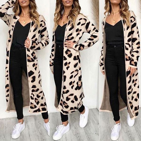 

new sweater women long sleeve leopard print cardigan open front jacket coat blusas femininas sueter mujer invierno 2019, White