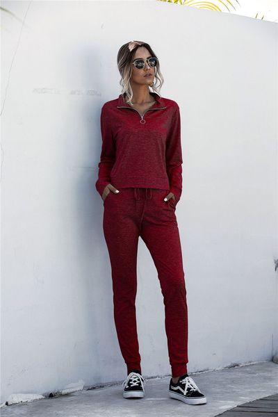 

spring summer womens designer tracksuits pure color stand collar with zipper long pants sets long sleeve sport womens two piece pants sets, Gray