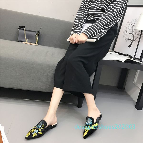 

gold velvet pointed toe slippers embroidery mules flats shoes woman plus size 34-41 leisure slides femme comfy casual flip flops d03, Black